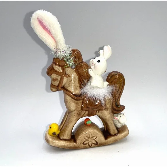 Vintage Ceramic Mini Rocking Horse Easter Bunny Chick Rider Faux Fur saddle OOAK - Picture 16 of 16